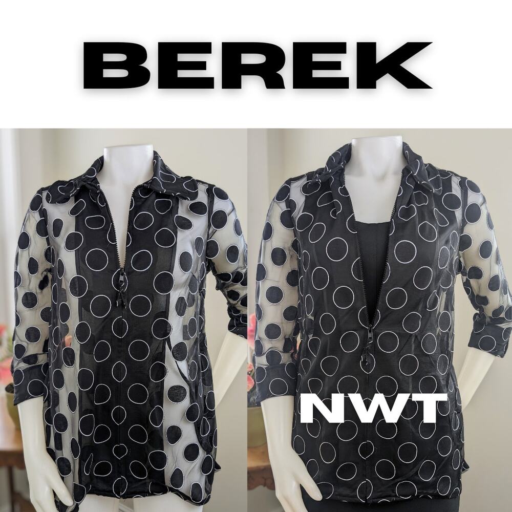 Berek My Dotted World Blouse Small Black White Polka Dot Embroidered Sheer NEW